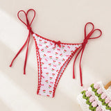 Swim Mod Fondo de bikini de tanga con estampado de cerezas y lazo decorativo para vacaciones en la playa de mujeres, impresion aleatoria