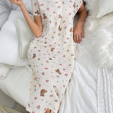 Vestido de dormir de manga corta con estampado de oso lindo y pequenas flores para mujer