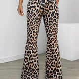 EZwear Pantalones acampanados largos sexys con estampado de leopardo de cintura alta para mujeres