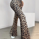 EZwear Pantalones acampanados largos sexys con estampado de leopardo de cintura alta para mujeres