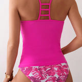 Swim Lushore Top de tankini con tirantes finos de unicolor y Bottom de bano con estampado tropical para mujeres en la playa durante el verano