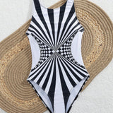 Swim Vcay Traje de bano femenino de una sola pieza, sin mangas, con estampado a rayas y cuadros para playa y verano