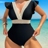 Swim Vcay Traje de bano de una pieza para mujer con mangas cortas y diseno de bloque de color con ribete de contraste para vacaciones en la playa