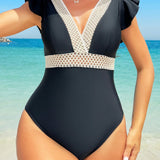 Swim Vcay Traje de bano de una pieza para mujer con mangas cortas y diseno de bloque de color con ribete de contraste para vacaciones en la playa