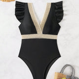 Swim Vcay Traje de bano de una pieza para mujer con mangas cortas y diseno de bloque de color con ribete de contraste para vacaciones en la playa