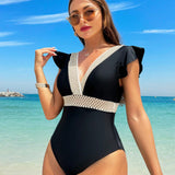 Swim Vcay Traje de bano de una pieza para mujer con mangas cortas y diseno de bloque de color con ribete de contraste para vacaciones en la playa