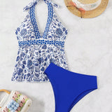 Swim Vcay Conjunto de tankini vintage para mujer con estampado floral y cuello halter