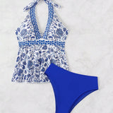 Swim Vcay Conjunto de tankini vintage para mujer con estampado floral y cuello halter