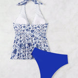 Swim Vcay Conjunto de tankini vintage para mujer con estampado floral y cuello halter