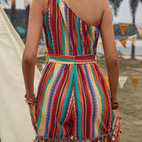 VCAY Mono sin mangas de un hombro con patron geometrico para mujer y dobladillo de flecos para festivales de musica de verano