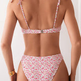 Swim Conjunto de bikini con estampado floral aleatorio estilo de vacaciones para mujeres de playa en verano con division