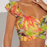 Haute Conjunto de top corto y falda ajustada para mujer con estampado completo de verano y fruncido