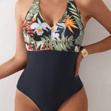 Swim Traje de bano de verano con cuello halter, estampado tropical con inserciones de tela