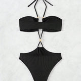 Swim Vcay Traje De Bano Para Mujer De Una Pieza Con Tirantes Finos, Cadena De Collar Y Decoracion Con Cuentas De Metal, Verano