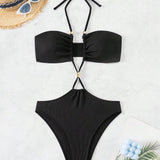 Swim Vcay Traje De Bano Para Mujer De Una Pieza Con Tirantes Finos, Cadena De Collar Y Decoracion Con Cuentas De Metal, Verano