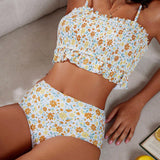 Swim Mod Conjunto tankini de vacaciones en playa de verano para mujeres con estampado floral y ribete de volantes en la parte de arriba con fruncido y la Bottom del traje de bano