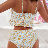 Swim Mod Conjunto tankini de vacaciones en playa de verano para mujeres con estampado floral y ribete de volantes en la parte de arriba con fruncido y la Bottom del traje de bano