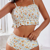 Swim Mod Conjunto tankini de vacaciones en playa de verano para mujeres con estampado floral y ribete de volantes en la parte de arriba con fruncido y la Bottom del traje de bano