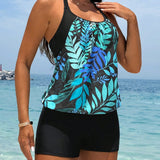 Swim Lushore Juego de Tankini para vacaciones en la playa para mujer con estampado tropical de plantas, top de Tankini con cuello halter y shorts de bano