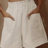 VCAY Mujer Primavera y verano Vacaciones Ocio Shorts de cintura de bolsa de papel en unicolor con doble bolsillo