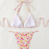 Swim Vcay Conjunto de bikini de cuello halter estampado aleatorio con flores para separar la ropa de playa y la ropa de bano en verano