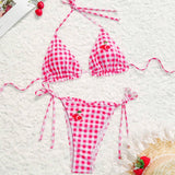 Swim Vcay Bikini de mujer con estampado de cuadros, con tirantes anudados al cuello y diseno separado, con impresion regular
