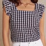 Frenchy Blusa de manga de mariposa con cuello cuadrado y cuadros blancos y negros, tela de madras de verano, estilo frances