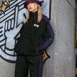 Sport Streetz Conjunto de chaqueta deportiva y pantalones de manga larga casuales con rayas laterales para mujer