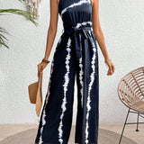 NEW  LUNE Women Casual Tie Dye Striped Wide Leg Halter Jumpsuit For Spring And Summer