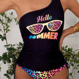 Swim Conjunto de traje de bano Tank Top con cordon lateral impreso con letras y bikini de triangulo de leopardo