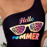 Swim Conjunto de traje de bano Tank Top con cordon lateral impreso con letras y bikini de triangulo de leopardo