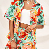 WYWH Set de 2 piezas para mujer con camisa de playa y pantalones cortos con diseno multicolor de flores y plantas tropicales para vacacionar en la playa