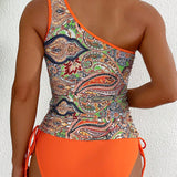 Swim Vcay Conjunto de tankini de playa de verano estampado de cachemira con cordon lateral de la parte superior y fondo de bikini triangular solido, traje de bano