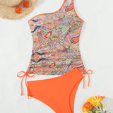 Swim Vcay Conjunto de tankini de playa de verano estampado de cachemira con cordon lateral de la parte superior y fondo de bikini triangular solido, traje de bano