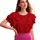 Blusa De Capa Con Volantes Y Adornos De Encaje De Flores Estereo Solido