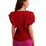 Blusa De Capa Con Volantes Y Adornos De Encaje De Flores Estereo Solido