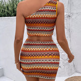 VCAY Conjunto de top y falda estampado geometrico para mujer con estilo de vacaciones y hombro oblicuo