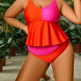 Swim Vcay Conjunto de tankini con bloqueo de color para vacaciones de verano en la playa de talla grande