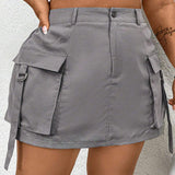 X SAMADHI  EZwear Plus Size Women Open Front Double D Buckle Workwear Pockets Elastic Waist Skirt