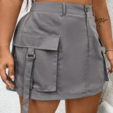 X SAMADHI  EZwear Plus Size Women Open Front Double D Buckle Workwear Pockets Elastic Waist Skirt