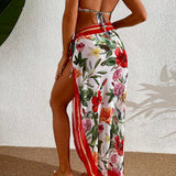 NEW Conjunto de bikini para mujeres con estampado tropical y diseno de cuello halter, separado en traje de bano y combinado con una falda pareo a juego