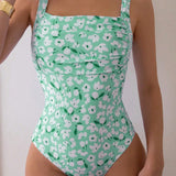 Swim Traje de bano de una sola pieza para mujer con corte fruncido y estampado aleatorio de moda para verano en la playa