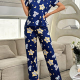 NEW Conjunto de pijama de mujer de talla grande con diseno de estrella, koala y cuello redondo