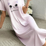 Vestido de dormir informal para mujer con eslogan y estampado de gato en tela holgada de manga corta