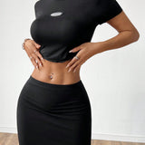 EZwear Conjunto de mujer de punto negro ajustado al cuerpo con impresion de goma