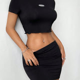 EZwear Conjunto de mujer de punto negro ajustado al cuerpo con impresion de goma