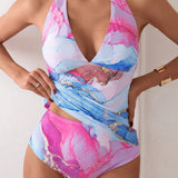 Swim Lushore Conjunto de tankini con diseno aleatorio de marmol para vacaciones en la playa