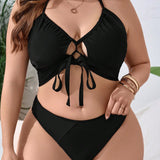 Swim Curve Top de bikini de verano de cuello halter y talla grande para mujeres con unicolor, diseno de corte hueco y corbata cruzada para vacaciones en la playa