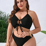 Swim Curve Top de bikini de verano de cuello halter y talla grande para mujeres con unicolor, diseno de corte hueco y corbata cruzada para vacaciones en la playa