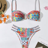 Swim Vcay Conjunto de bikini de verano para tallas grandes con estilo de vacaciones, top de tirantes finos y estampado floral y Bottom ahuecada, adecuado para usar en la playa o en la piscina